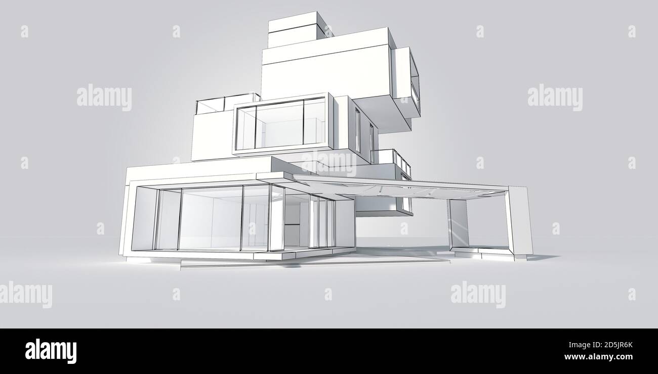 Rendering 3D del modello di architettura di una casa moderna costruito in diversi livelli indipendenti Foto Stock