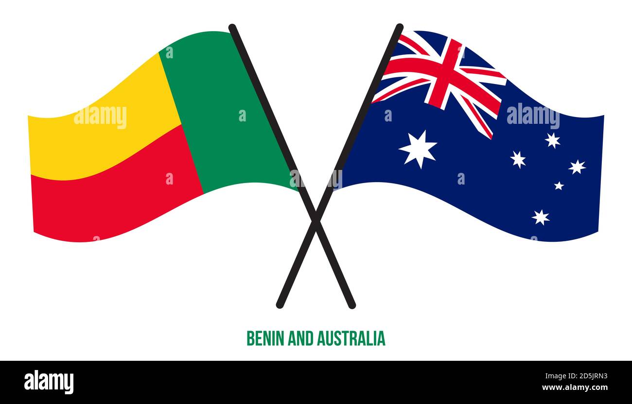 Benin e Australia Bandiere incrociate e ondulate in stile piatto. Proporzione ufficiale. Colori corretti. Illustrazione Vettoriale