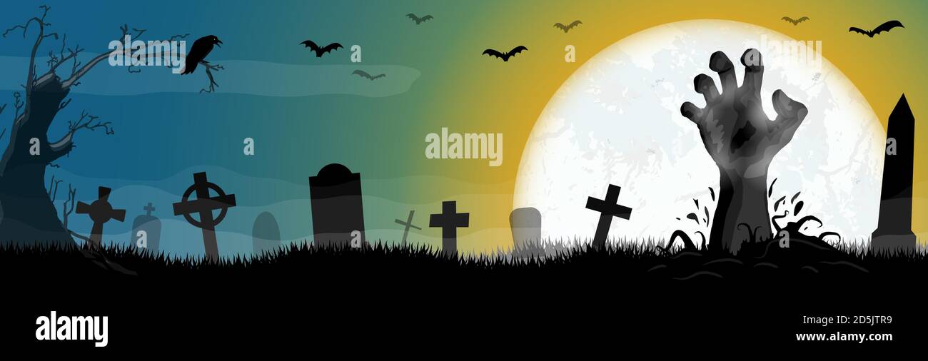 zombie non morti mano di fronte alla luna piena con paura Elementi illustrati per i layout di sfondo horror di Halloween Illustrazione Vettoriale