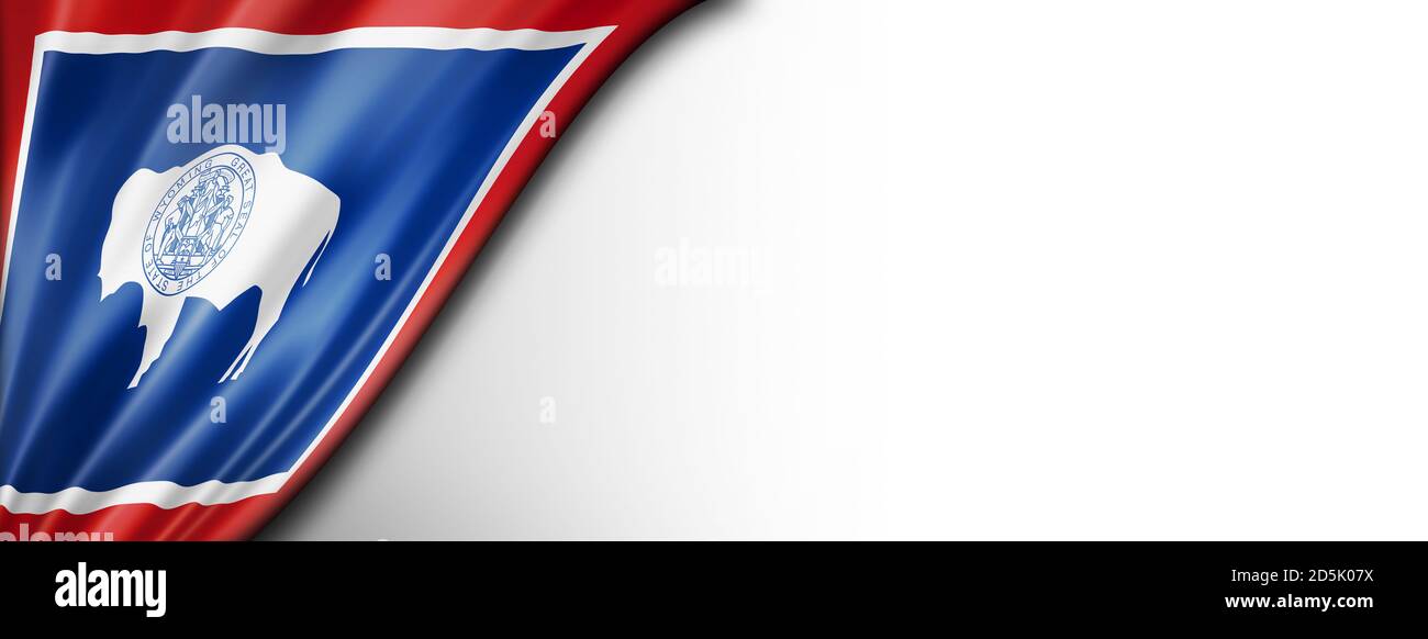 Bandiera Wyoming su banner a parete bianca, Stati Uniti. Illustrazione 3D Foto Stock