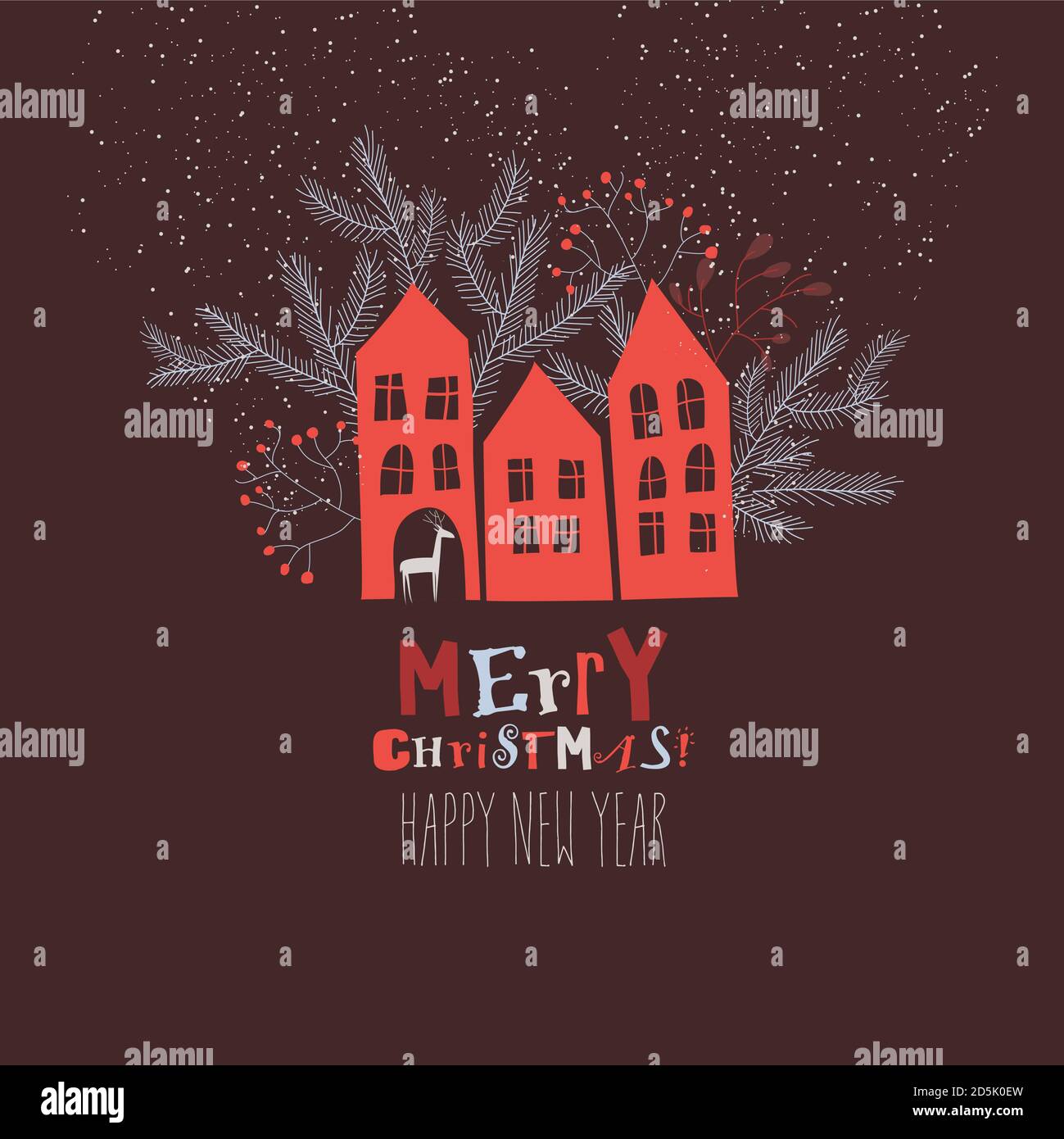 Biglietto di Natale con case rosse e rami di abete Illustrazione Vettoriale