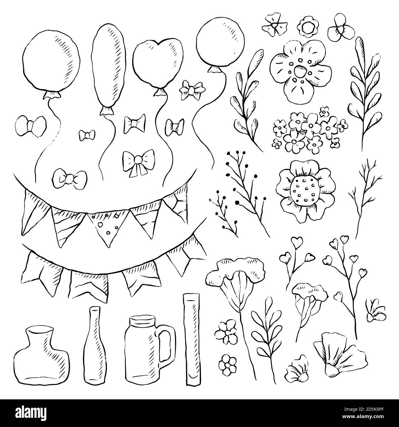 Set di decorazioni per le vacanze per inviti e carte. Schizzo a matita con tratteggio. Palloncini, fiori, erbe, vasi, bandiere e archi. Vettore obje rustico Illustrazione Vettoriale