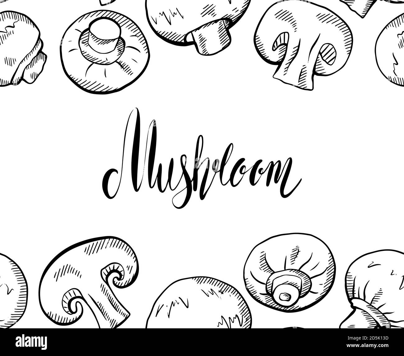 Cartoncino orizzontale con disegno a mano di funghi champignon con tratteggio e scritta. Cibo sano naturale e calligrafia citazione. Scribbl vettore Illustrazione Vettoriale