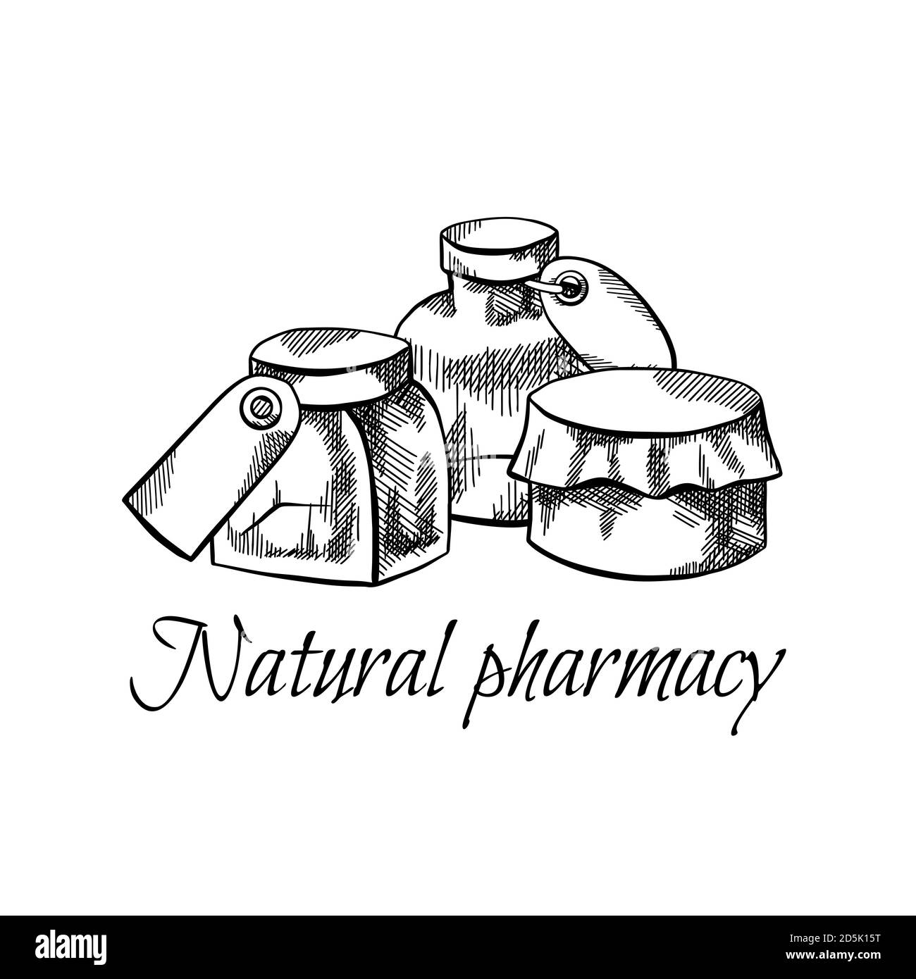 Farmacia naturale. Illustrazione di flaconi, flaconi e lattine con etichette, tratteggi e scritte. Sanità e medicina. Incisione di oggetti vettoriali Illustrazione Vettoriale