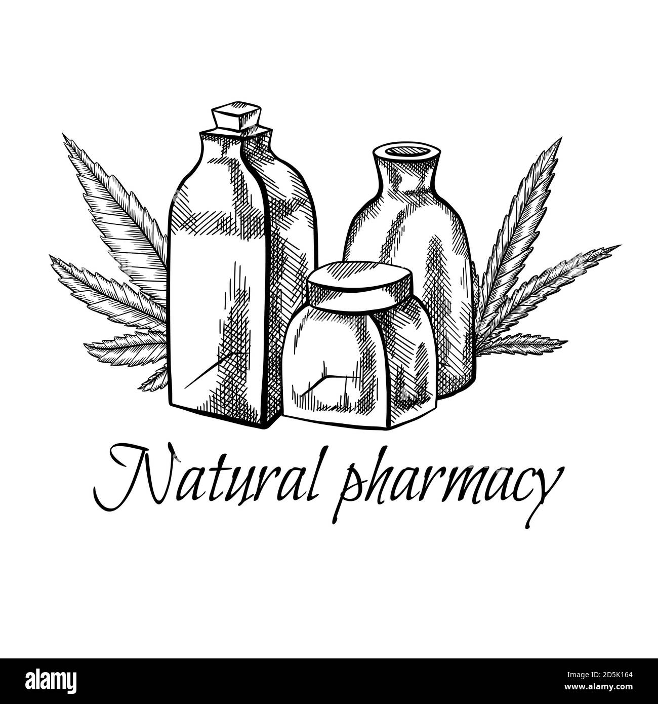 Farmacia naturale. Illustrazione del flacone, della bottiglia e della foglia di marijuana. Sanità e medicina. Farmacia di cannabis. Incisione di oggetti vettoriali con ha Illustrazione Vettoriale