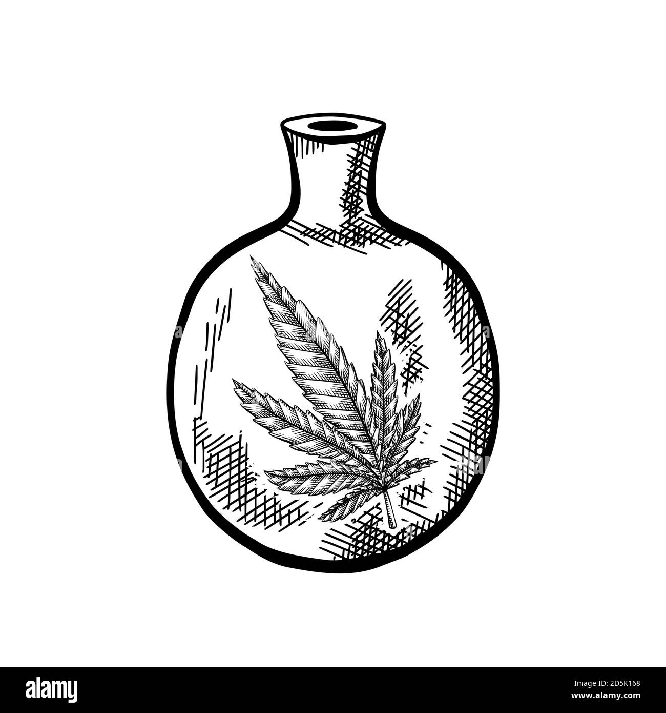 Medicina naturale di erbe. Bottiglia di vetro con una foglia di marijuana. Schizzo in bianco e nero con tratteggio. Oggetto vettore di incisione per articoli, striscioni e. Illustrazione Vettoriale