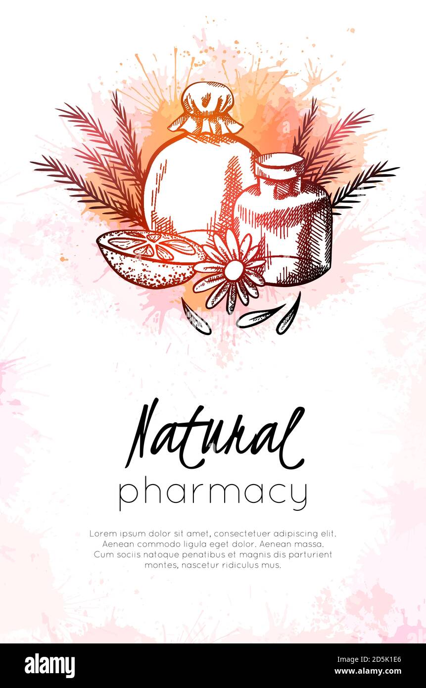 Farmacia naturale. Cartoncino verticale con disegno di fiale, fiori, arancio, ginepro e spruzzi di acquerello. Sanità e medicina. Incisione Illustrazione Vettoriale