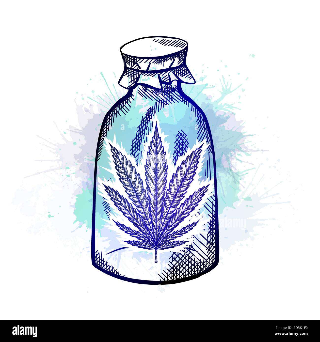 Medicina naturale di erbe. Bottiglia di vetro con una foglia di marijuana con spruzzi di acquerello blu. Schizzo con tratteggio. Oggetto vettoriale di incisione per articoli Illustrazione Vettoriale