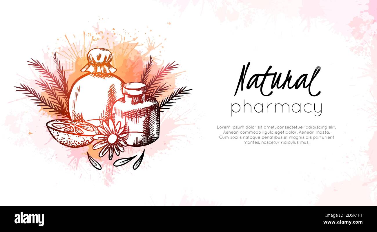 Farmacia naturale. Scheda orizzontale con disegno di fiale, fiori, arancio, ginepro e spruzzi di acquerello. Sanità e medicina. Engravin Illustrazione Vettoriale