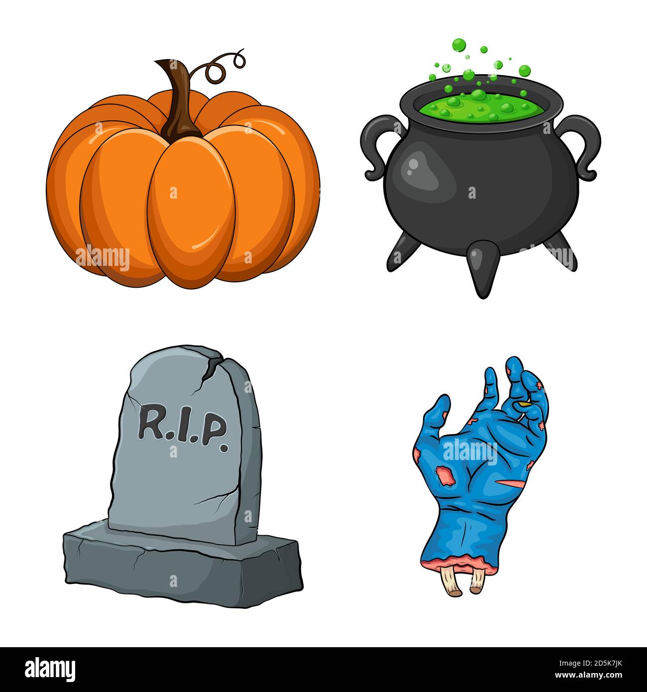 Collezione notturna di Halloween. Set di cartoni animati creepy per la festa di ottobre spooky. Disegno vettoriale di zucca, cavoldro di strega con veleno verde, tombe di tomba di lacerazione Illustrazione Vettoriale