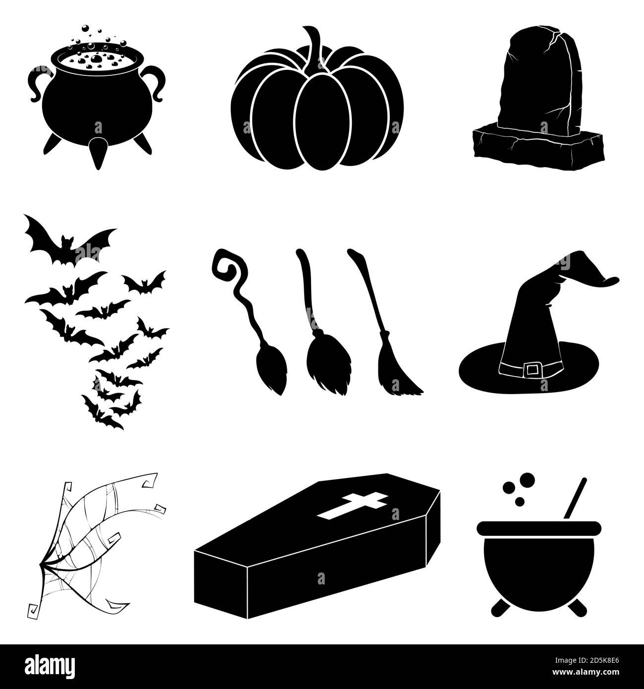 Set vettoriale silhouette Halloween. Collezione di illustrazione nera per la festa dell'orrore. Creepy ottobre cartoni animati simboli. Icone spaventose per la parte Illustrazione Vettoriale