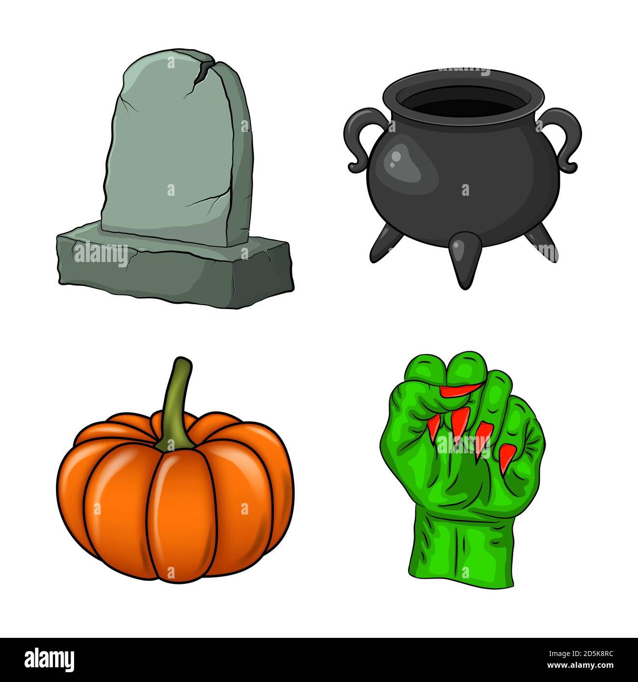 Set di icone Halloween. Collezione Spooky Vectors per le vacanze di ottobre. Set di cartoni animati creepy per l'invito della festa. Disegno con zucca, cavolo di strega vuoto, Illustrazione Vettoriale