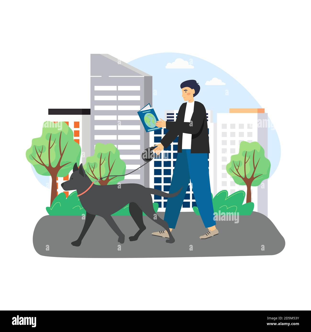 Giovane uomo leggere libro a piedi con il cane per strada, flat vettore illustrazione. Hobby e attività di svago, educazione Illustrazione Vettoriale