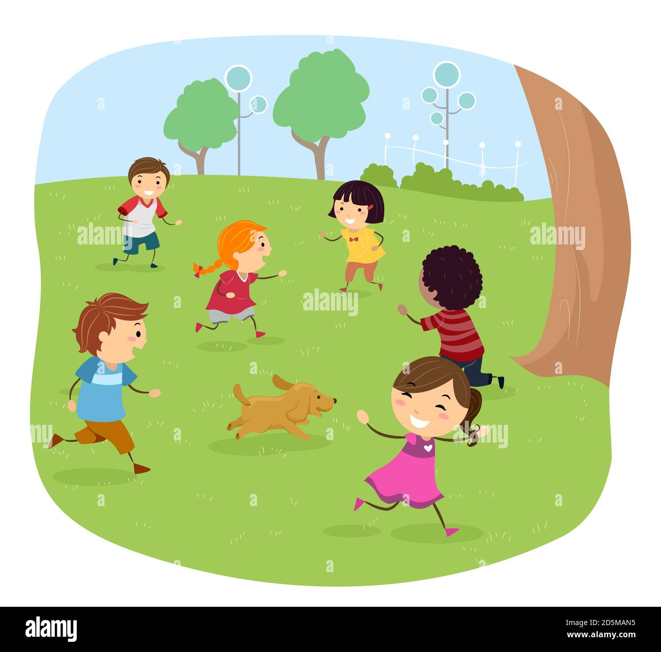 Illustrazione di Stickman Kids Playing Tag con un cane in corsa Nel Parco Foto Stock