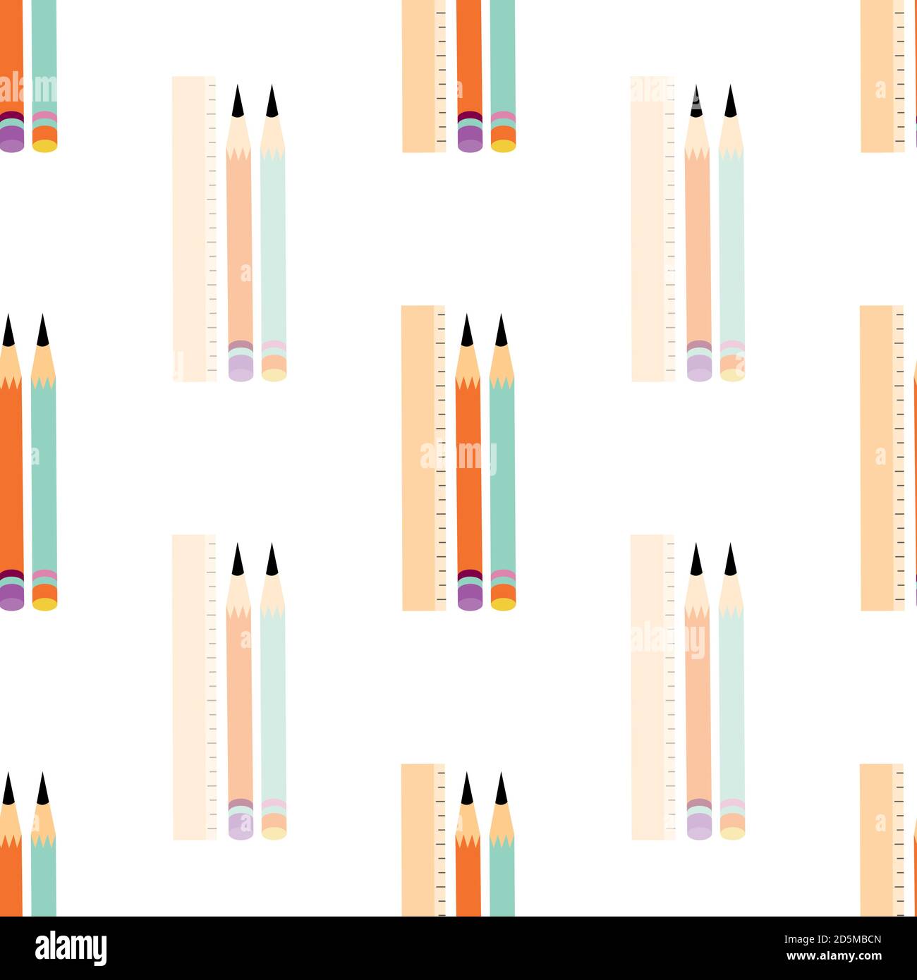 Set di matite e righelli motivo vettoriale senza giunture su sfondo bianco. Sfondo geometrico con righe verticali alternate di penne luminose e pastello Illustrazione Vettoriale