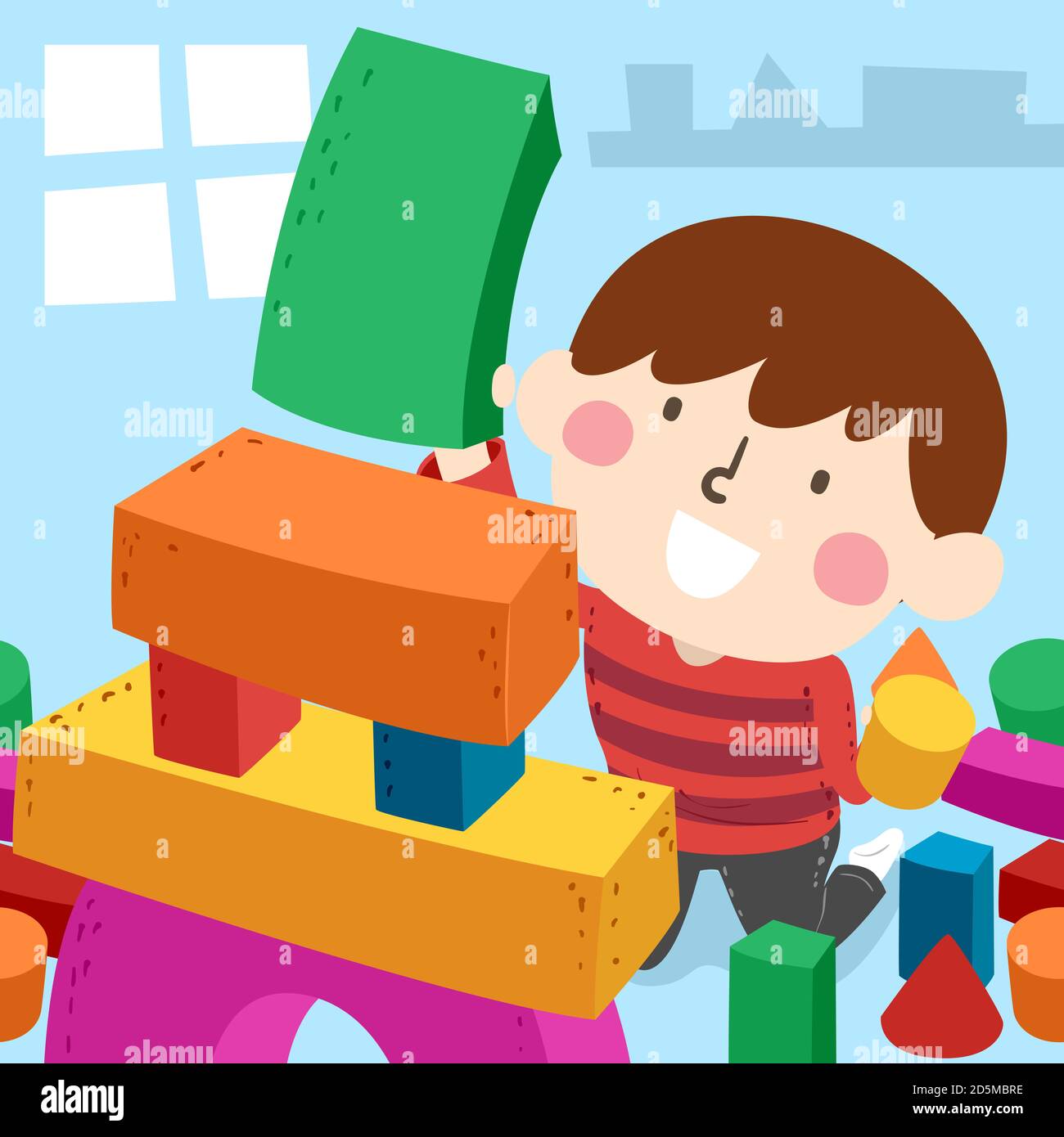 Illustrazione di un ragazzo Kid che fa una torre dei blocchi di costruzione Utilizzando forme geometriche semplici Foto Stock