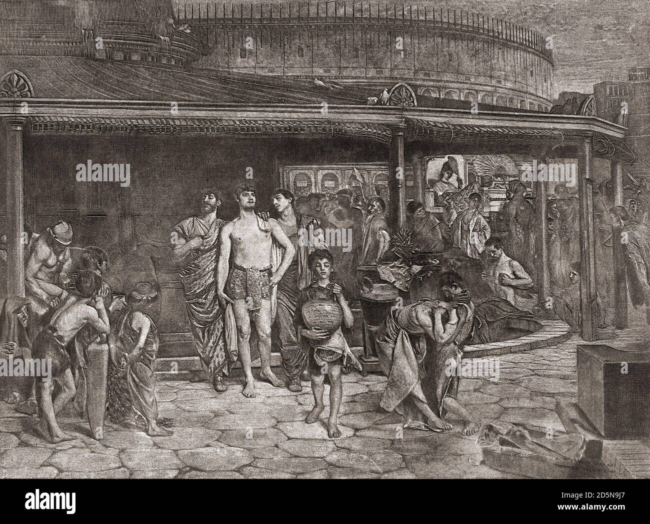 Una casa da bagno pubblica nell'antica Roma. I bagni romani erano generalmente limitati al genere, ma in alcune epoche il bagno misto era comune. Dopo un'opera del XIX secolo dell'artista francese Emile Levy, Foto Stock