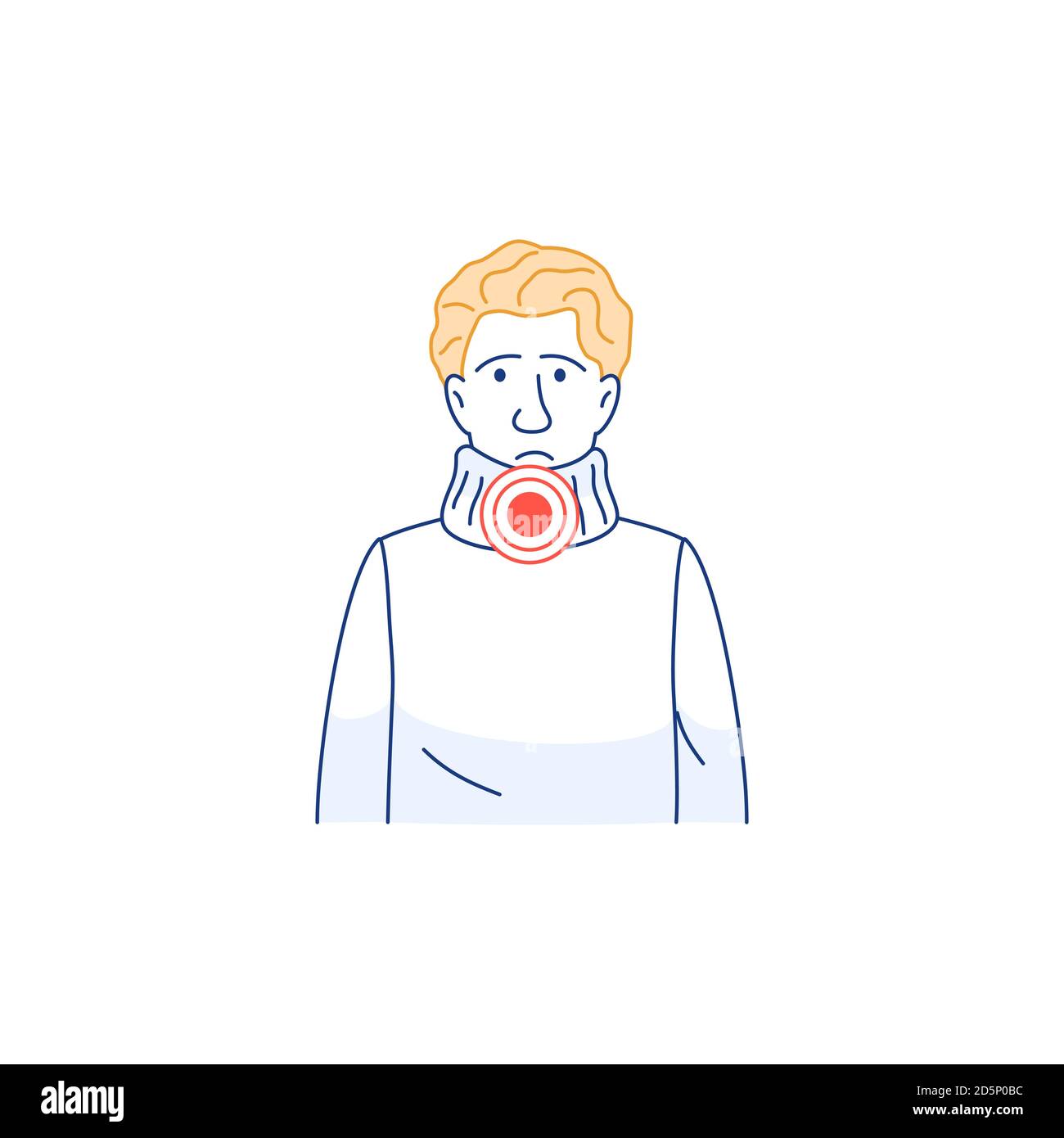 Giovane uomo con l'icona della linea di dolore alla gola irritata. Illustrazione Vettoriale
