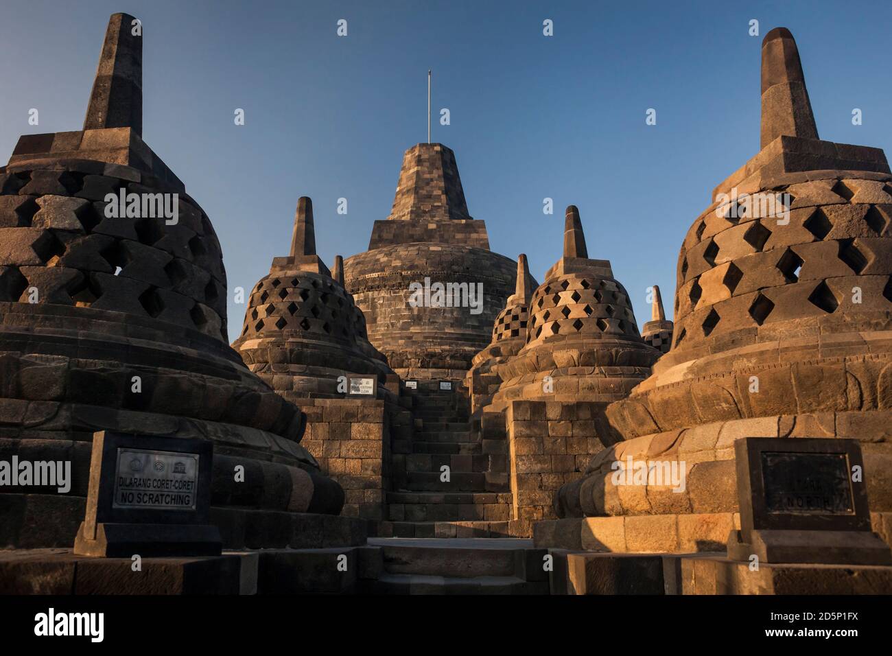 Vista orizzontale di alcuni degli stupidi del tempio buddista Borobudur, Borobudur, Giava, Indonesia Foto Stock