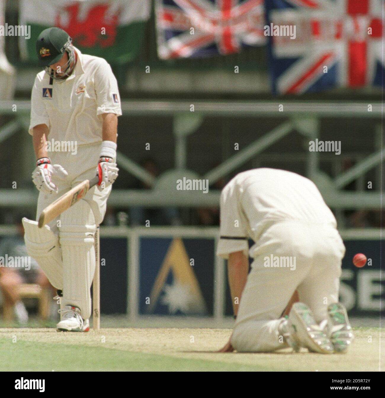 Angus Fraser dell'Inghilterra (a destra) giù sulle sue ginocchia dopo il bowling A Mark Waugh in Australia (a sinistra) Foto Stock