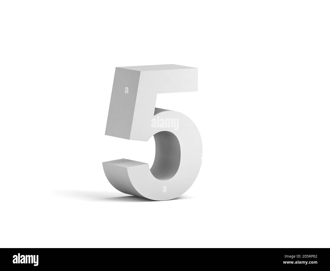 Cifra bianca in grassetto 5 isolata su sfondo bianco con ombreggiatura morbida, rappresentazione 3d Foto Stock