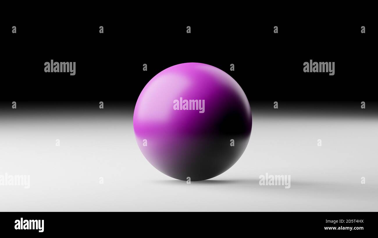 Sfera 3D viola, sfera o globo su piano bianco e sfondo scuro, rendering, illustrazione Foto Stock