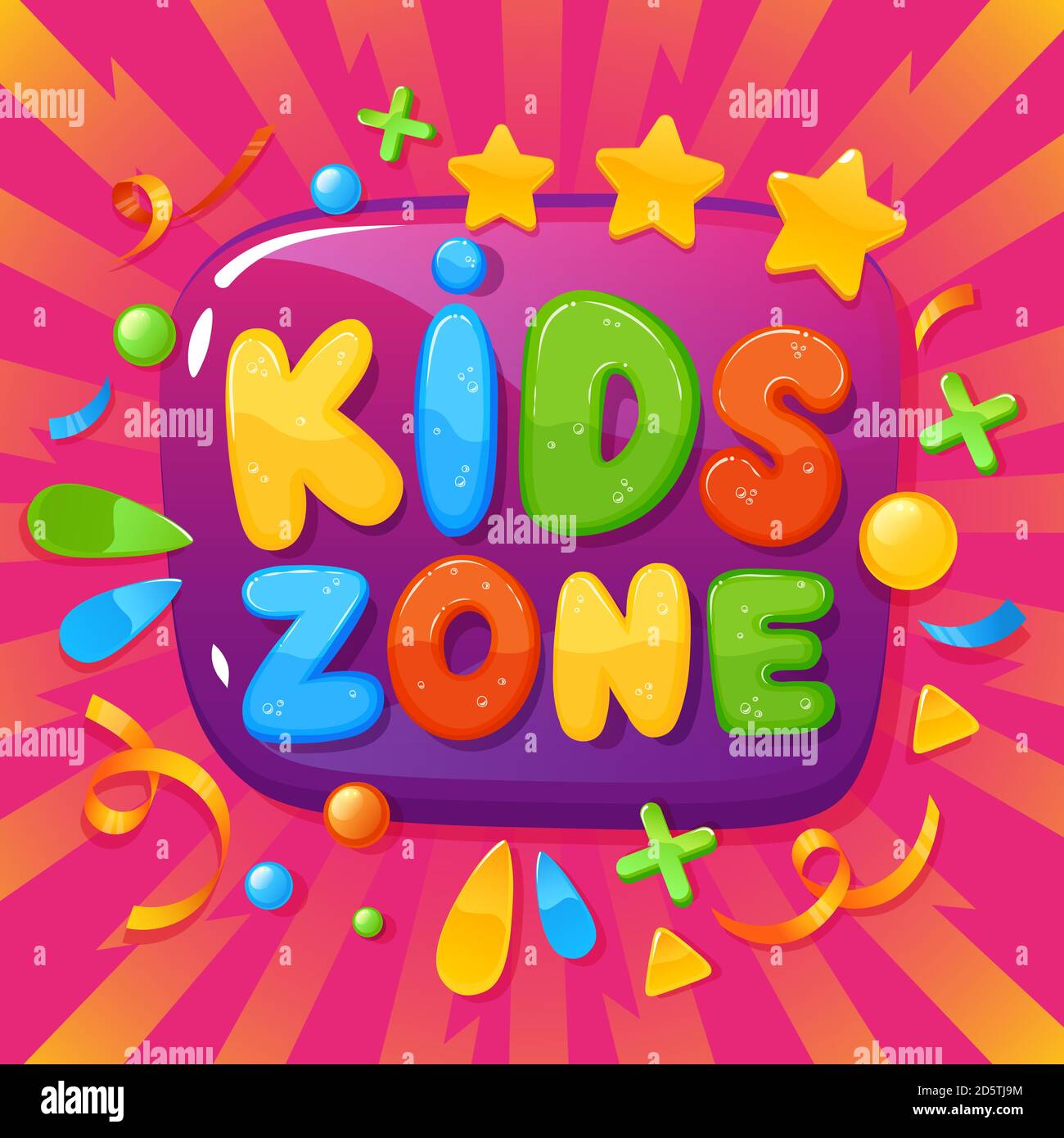 Banner zona bambini. Poster sala giochi per bambini, festa infantile, divertente decorazione giochi, divertimento club bambini giocando zona poster vettore immagine di sfondo Illustrazione Vettoriale