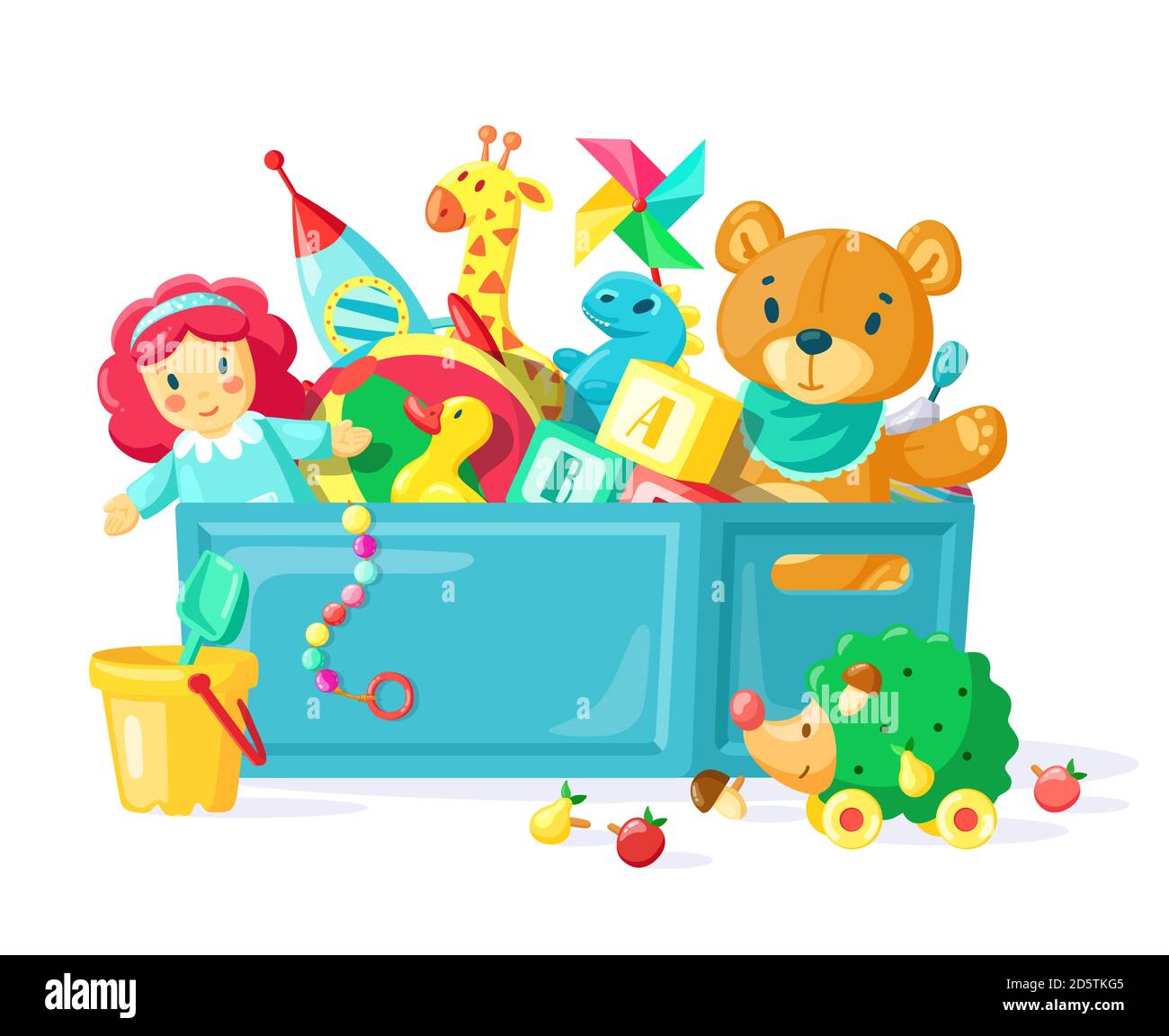 Giocattoli per bambini in scatola. Giocattoli per bambini in contenitore di plastica, scatola piena di giocattoli, ragazzi, bambine inventario per i giochi per bambini e gioia vettore illustrazione Illustrazione Vettoriale