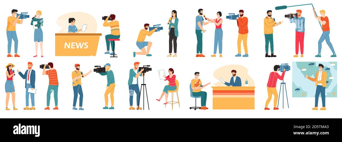Personaggi giornalisti. Reporter, presentatore di notizie e videografi, show tv ospita personaggi intervistando persone isolato vettore illustrazione set Illustrazione Vettoriale