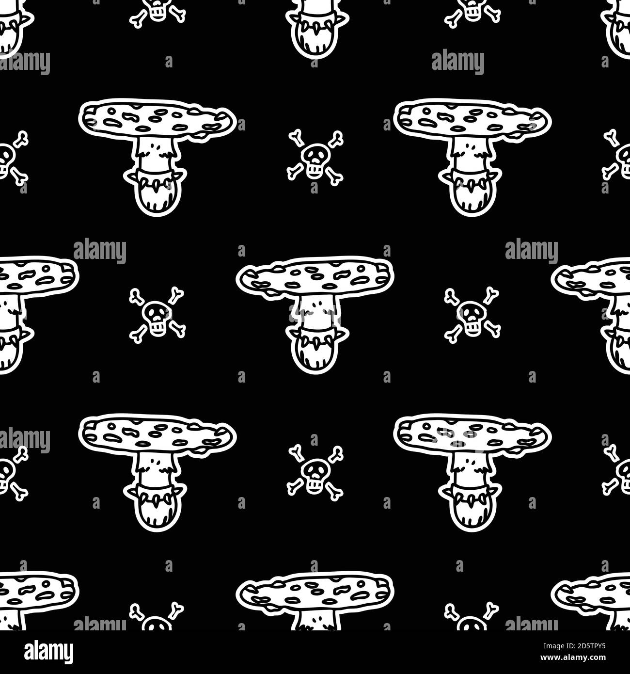 Carino punk Fly agaric funghi monocromo lineart modello vettoriale. Decorazione domestica alternativa grungy con i funghi velenosi della foresta del cartone animato. Bilanciere senza cuciture Illustrazione Vettoriale