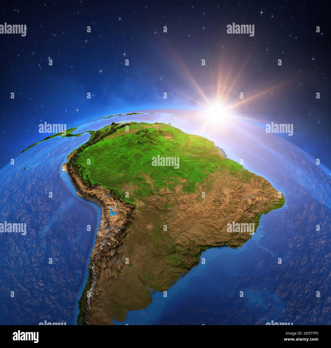 Superficie del pianeta Terra visto da un satellite, focalizzato sul Sud  America e foresta pluviale Amazzonica, sole che sorge all'orizzonte. Mappa  fisica di Amazon Foto stock - Alamy