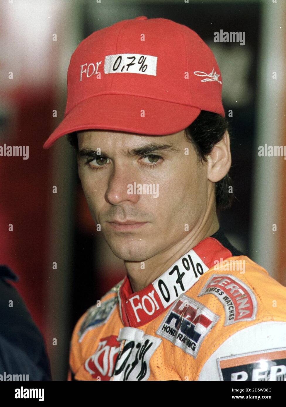 Il leader del Campionato della 500cc Alex Criville durante le prove al Donington Park Foto Stock