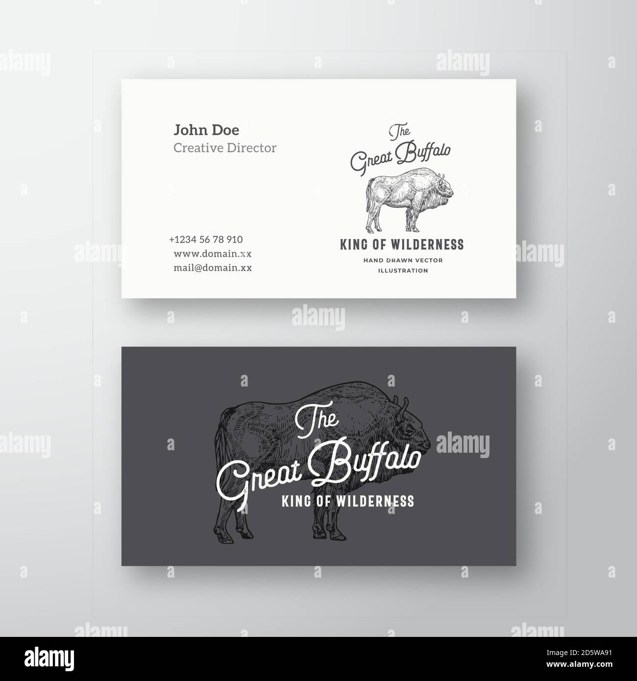 Logo e modello di biglietto da visita di Great Buffalo Abstract Modern Abstract Vector. Illustrazione dello schizzo di bisonte disegnata a mano con tipografia retrospettiva. Premium Illustrazione Vettoriale