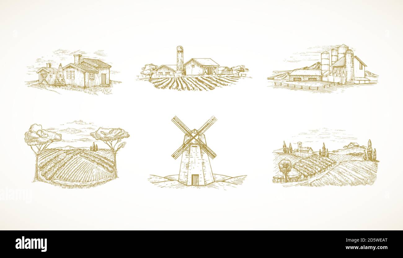 Set di collezioni di illustrazioni vettoriali disegnate a mano. Fattorie, Mulino a vento, cabine, granai e altri edifici rurali bozzetti set. Campi e Case Illustrazione Vettoriale