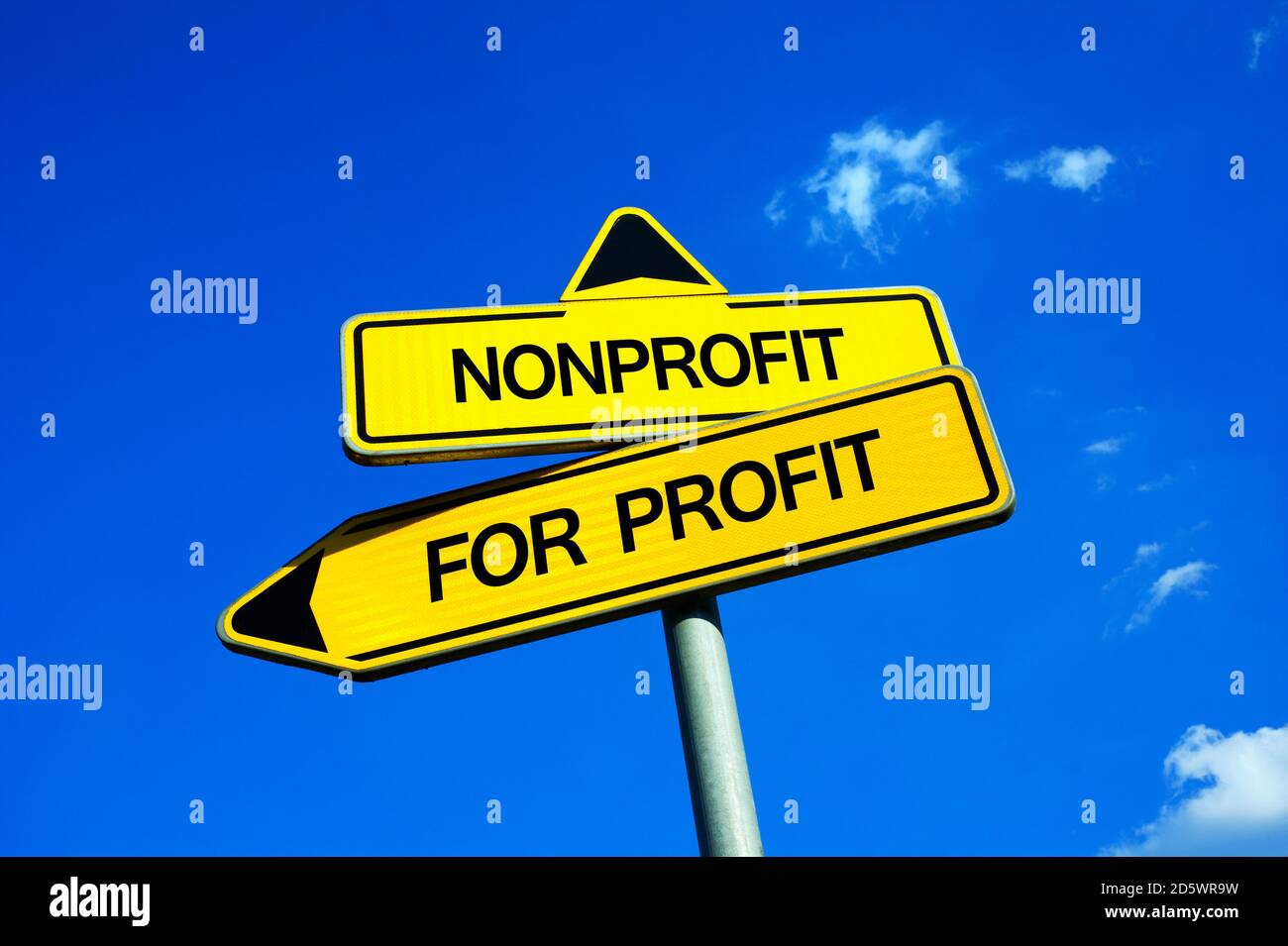 Nonprofit vs per il profitto - segnale di traffico con due opzioni - organizzazione non redditizia sovvenzionata senza reddito contro imprenditorialità e. basato su business o Foto Stock