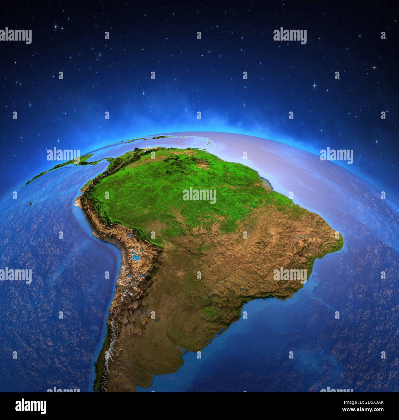 Superficie del pianeta Terra vista da un satellite, focalizzata su Sud America, Andes Cordillera e foresta pluviale amazzonica. Mappa fisica di Amazonia. 3D il Foto Stock