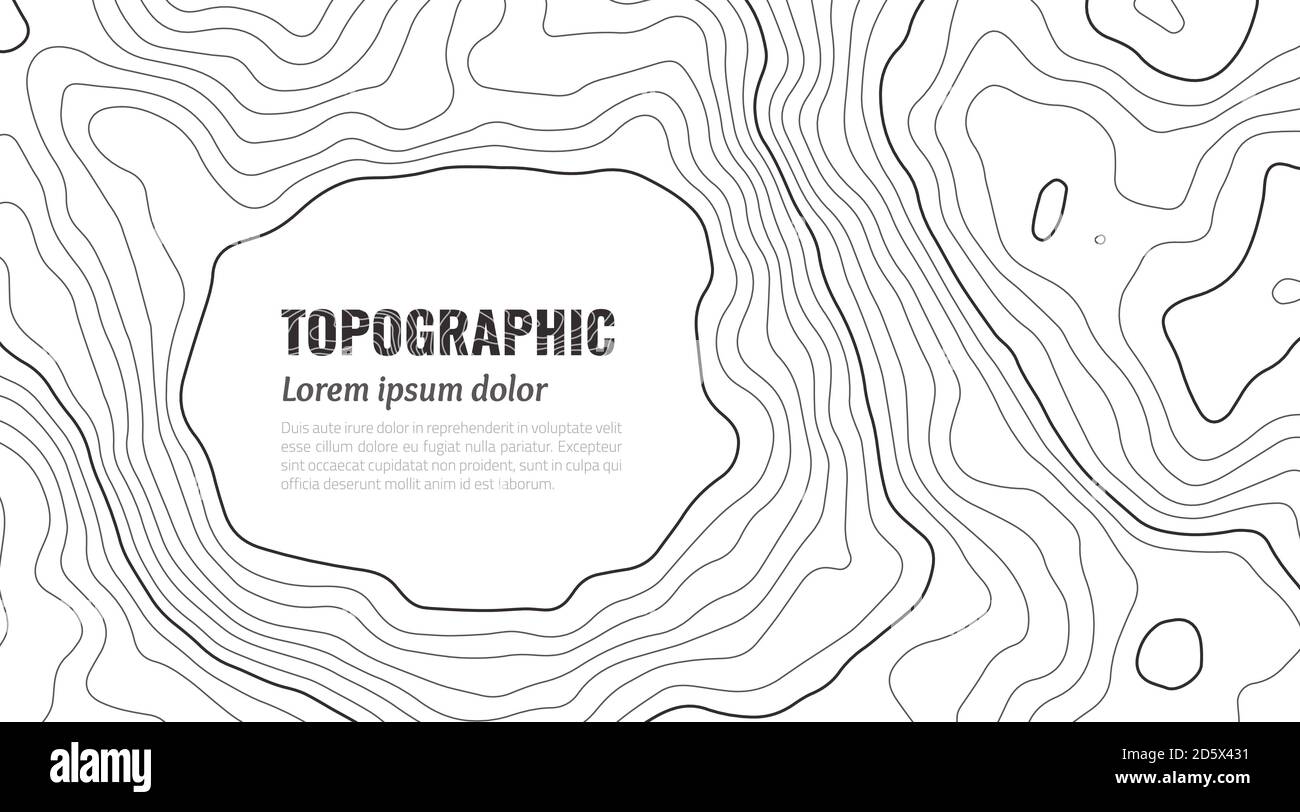 Topografia vettoriale dei contorni grigi. Illustrazione del vettore topografico geografico di montagna. Texture del motivo topografico. Mappa su terreno terrestre con contorno in linee. Linee di altezza del contorno grafico elevazione. Illustrazione Vettoriale