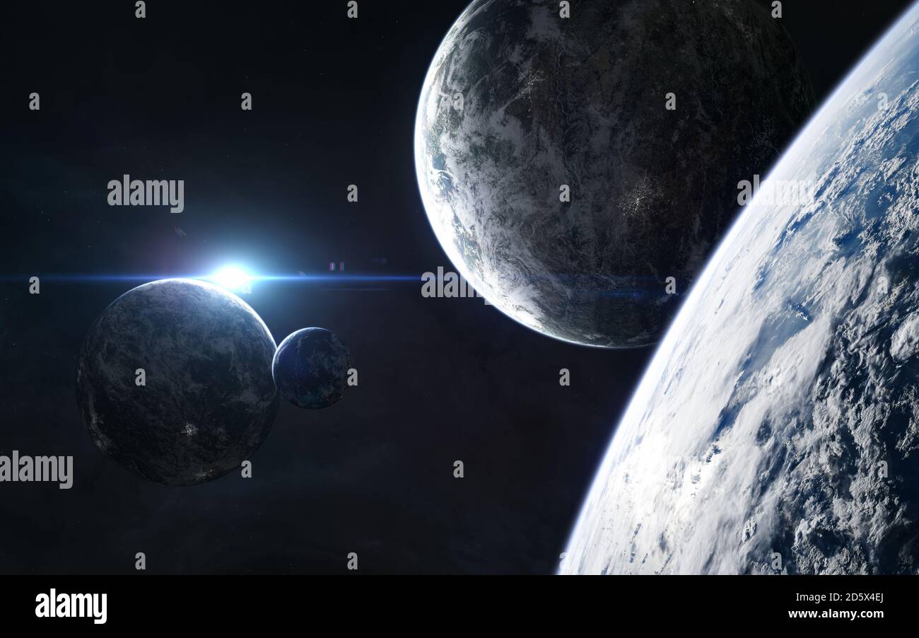 Pianeti alla luce della stella blu. Splendido spazio profondo Foto Stock