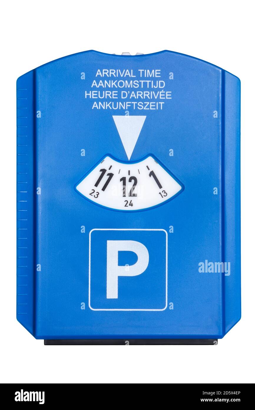 Disco di parcheggio con testo in inglese, olandese, francese e tedesco isolato su sfondo bianco Foto Stock