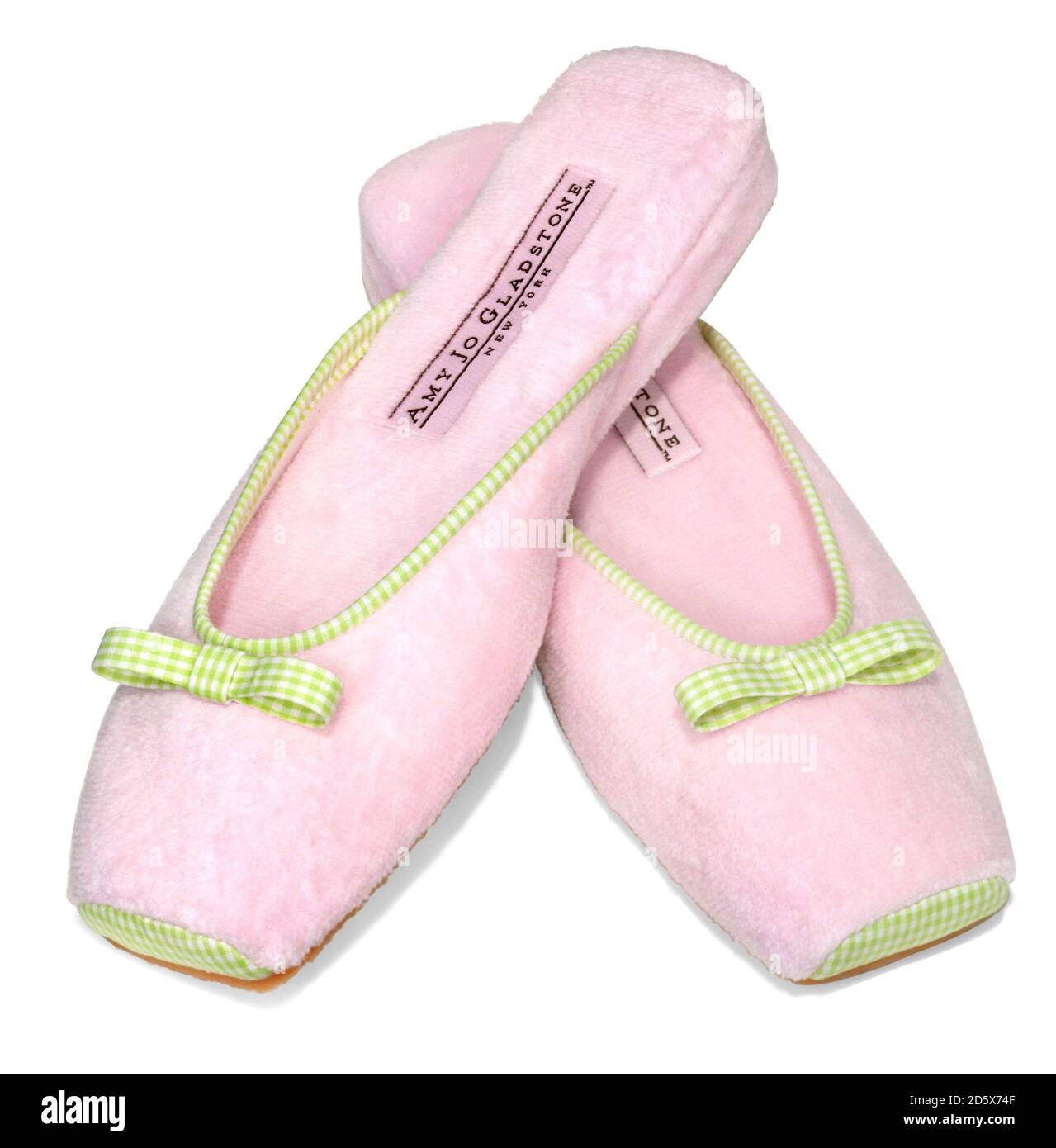 Ciabatte Amy Jo Gladstone rosa con plaid verde e bianco prua fotografata su sfondo bianco Foto Stock