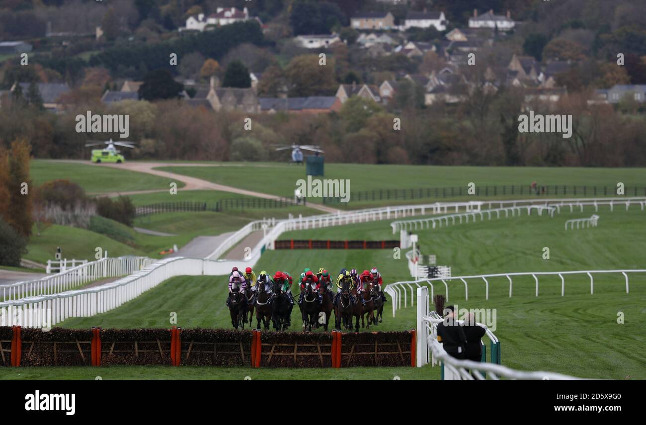 I corridori nella rete di Pertemps handicap ostacolo durante il giorno due Della Showcase all'Ippodromo di Cheltenham Foto Stock