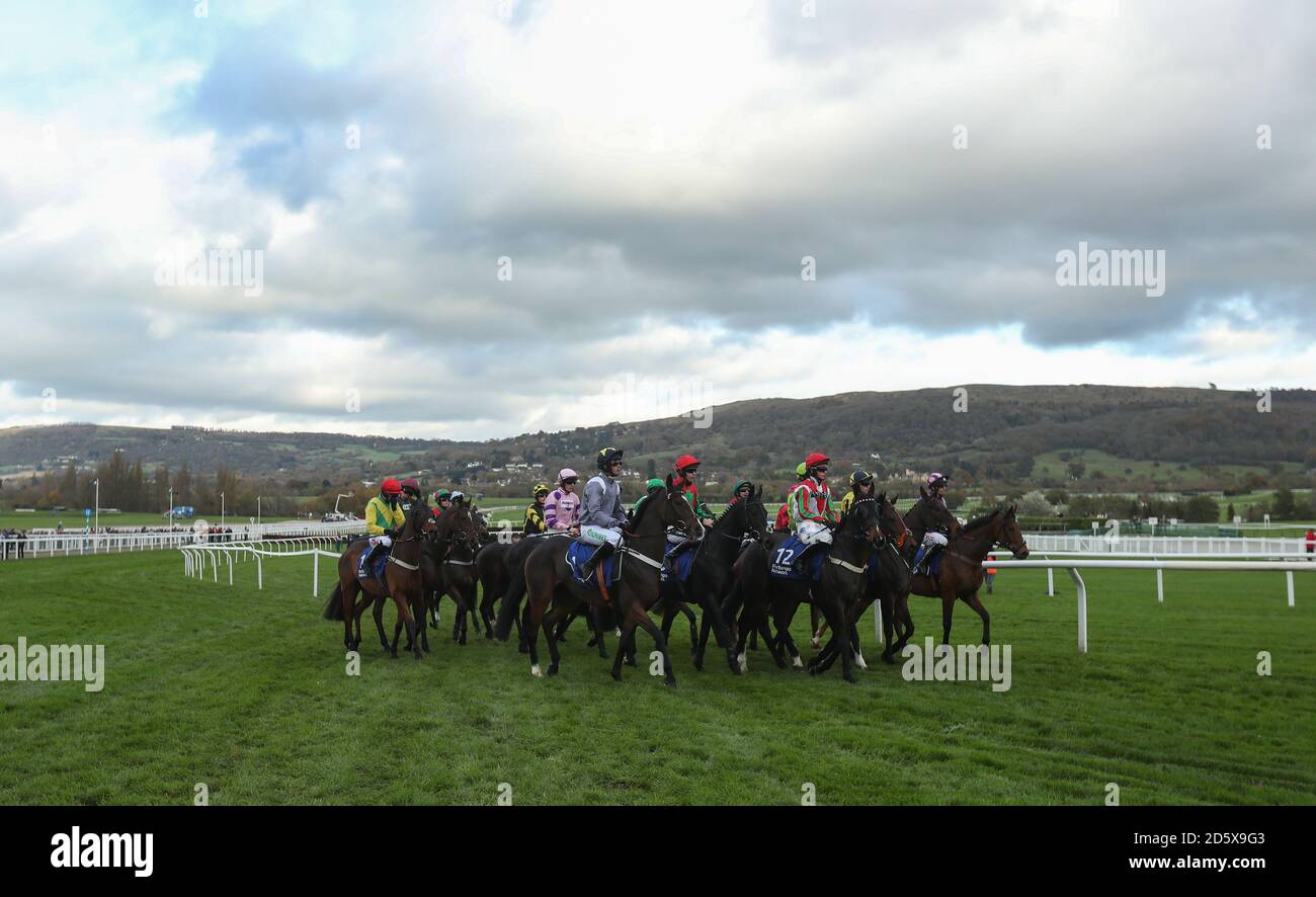 I runner si riuniscono per l'inizio del Pertemps Network Handicap Ostacoli durante il secondo giorno della Showcase all'ippodromo di Cheltenham Foto Stock