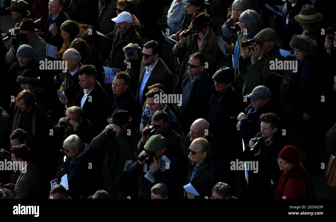 I corridori guardano sopra durante il giorno uno dell'incontro di novembre all'Ippodromo di Cheltenham, Cheltenham Foto Stock