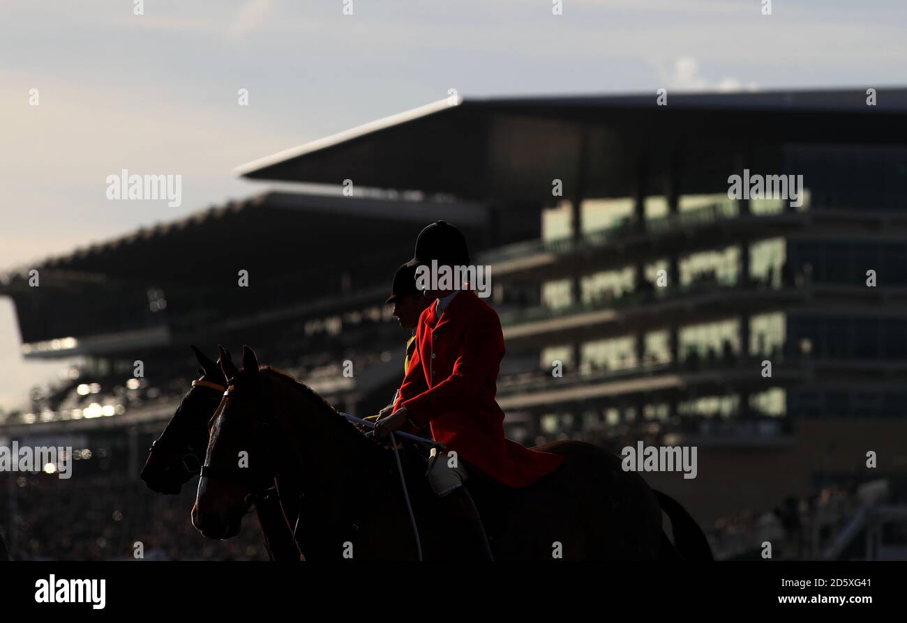 Cavalli e abbuoni sono condotti fuori sul corso di fronte allo stand della Principessa reale durante il giorno uno del Meeting di novembre all'Ippodromo di Cheltenham, Cheltenham Foto Stock