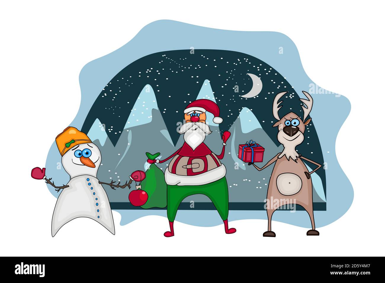 Biglietto d'auguri con Santa carina su sfondo di montagna. Santa con pupazzo di neve e cervi. Buon Natale compagni. Invito di Natale, cartolina. Vettore Illustrazione Vettoriale