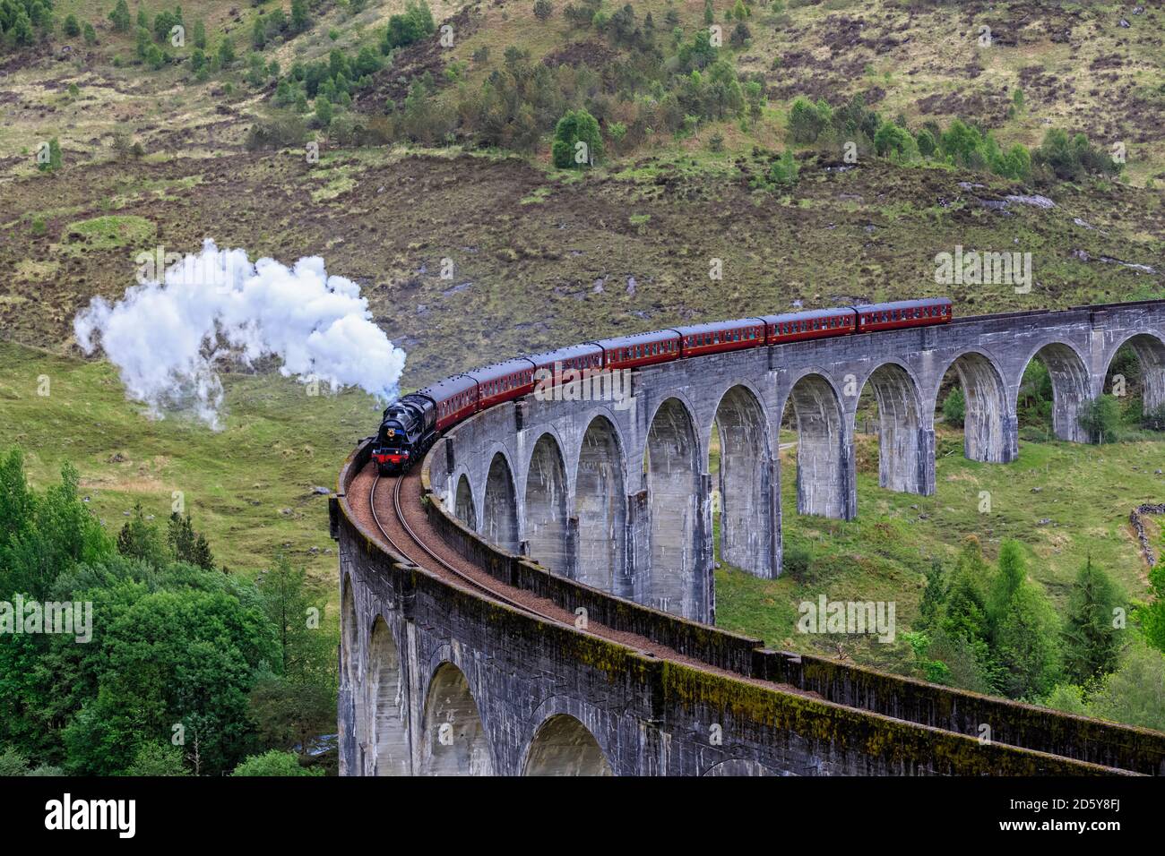 Gran Bretagna, Scozia, Scottish Highlands, Glenfinnan, Glenfinnan Viaduct, West Highland Line, Steam Engine the Jacobite Foto Stock