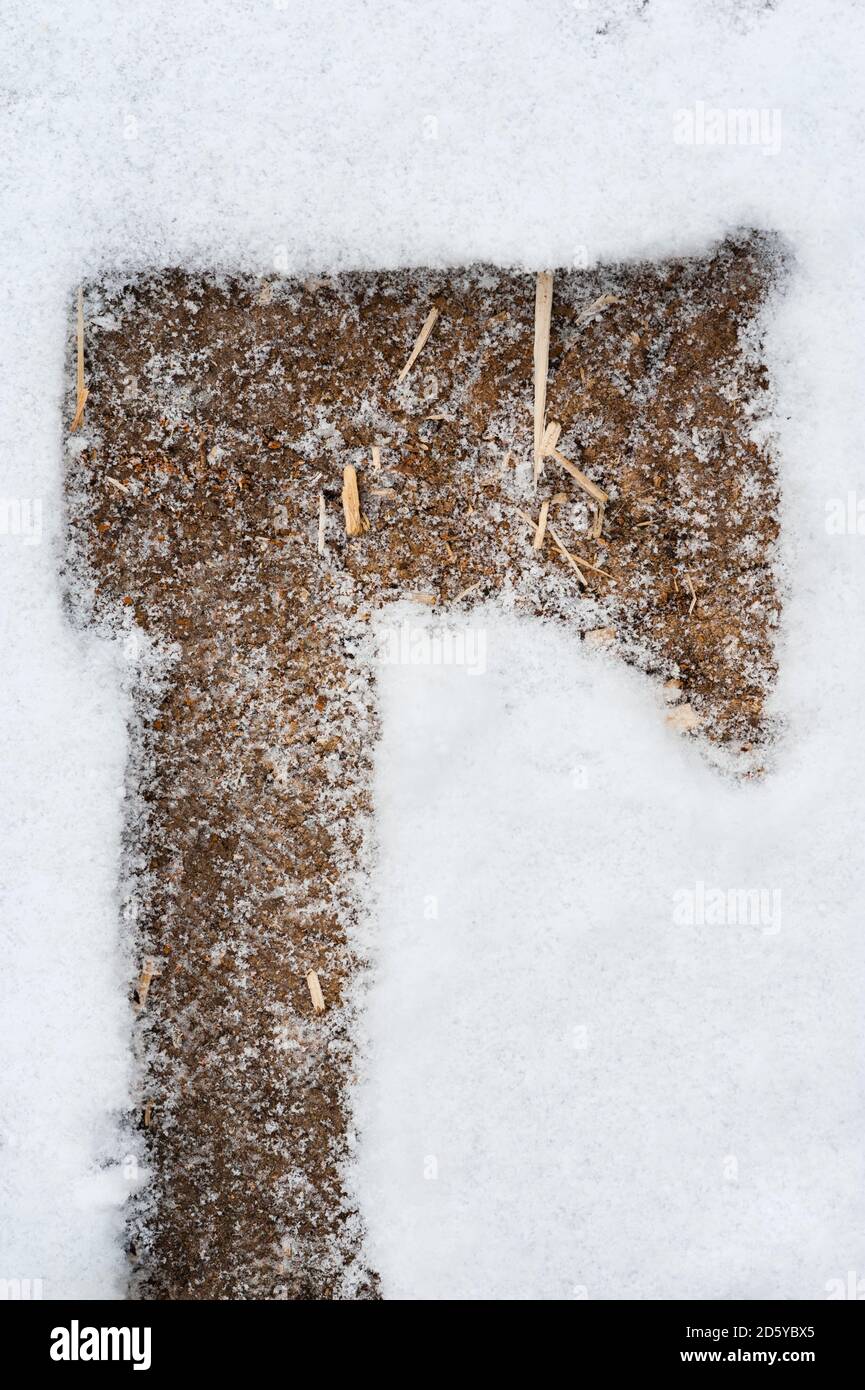Impronta di un'ascia su una coperta di neve tronco di legno Foto Stock