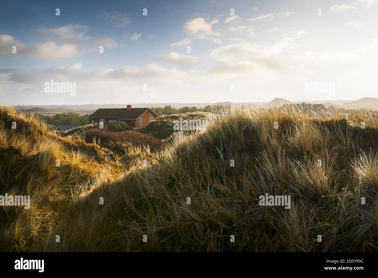 Danimarca, Henne Strand, Casa nelle dune di erba Foto Stock