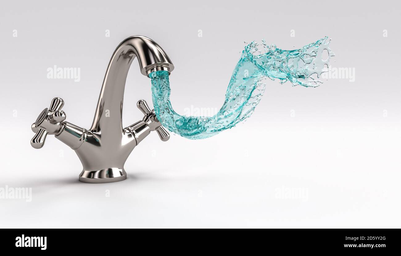 rubinetto con acqua corrente. rendering 3d Foto Stock