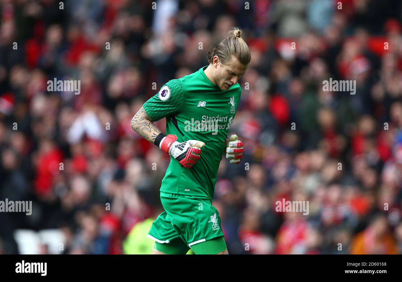 Il portiere di Liverpool Loris Karius reagisce alla fine del prima metà Foto Stock